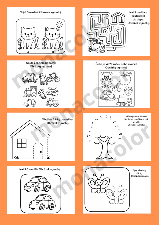 Pracovní listy pro děti ve věku 3-8let. Spojovačky, vybarvování, doplňování