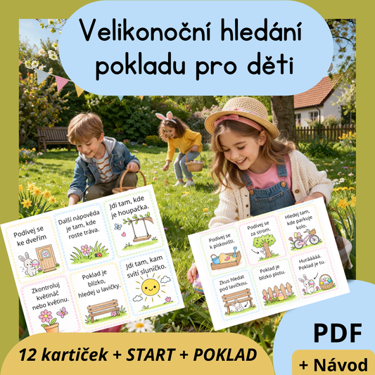 Děti hledají velikonoční poklad na zahradě podle kartiček s nápovědami