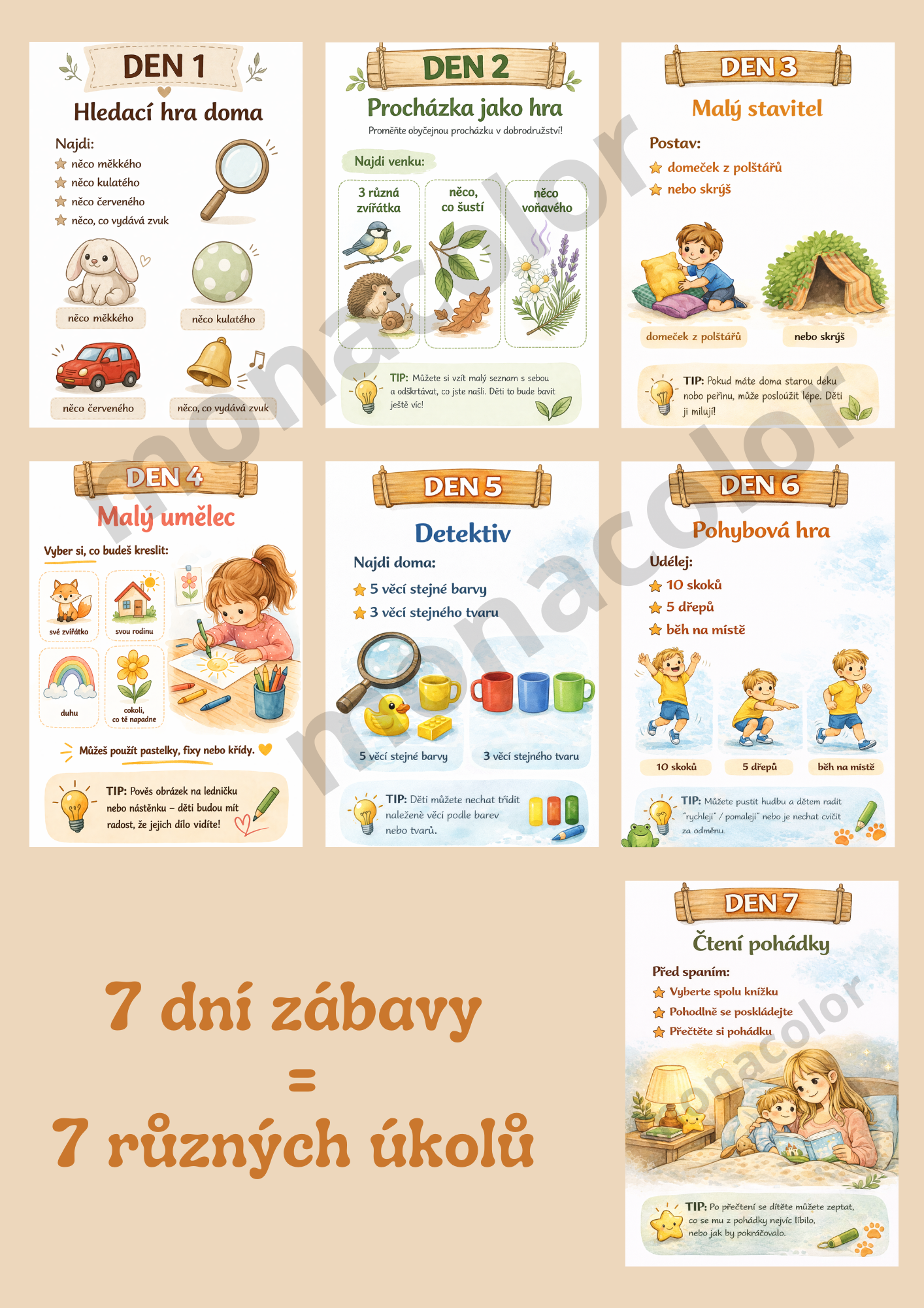 zábava pro děti na celý týden, pdf ke stažení a tisku. Ihned ke stažení. snadné úkoly, hledání, stavění, malování, procházka