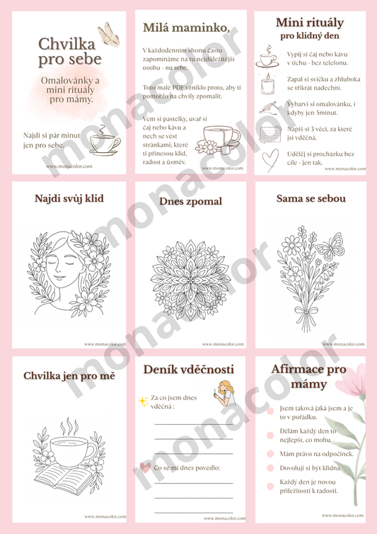 afirmace, chvilka pro sebe, rituály pro mámy, antistresové omalovánky, deník vděčnosti, pdf tisk a stažení