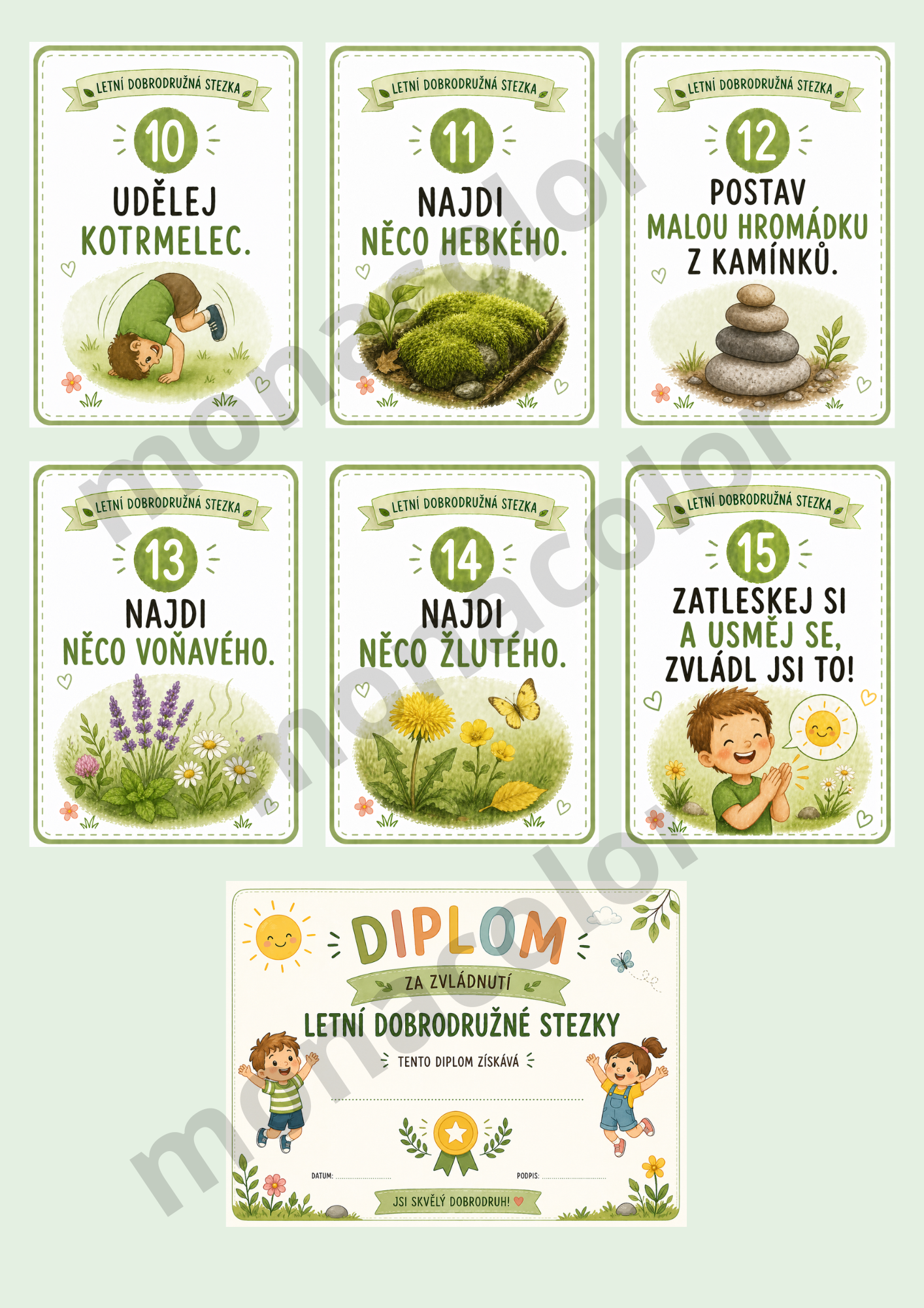 Letní aktivity pro děti k vytisknutí. Dobrodružná stezka rozvíjí pozornost, kreativitu a přináší společné chvíle plné radosti a pohybu.