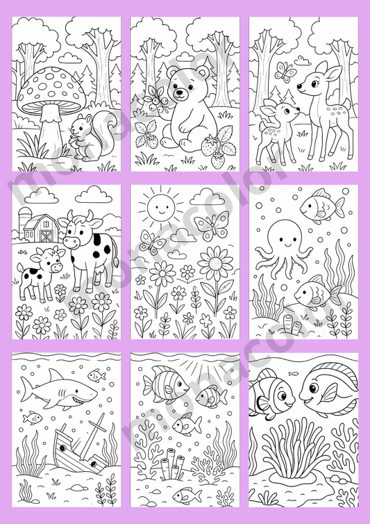 Omalovánky zvířat, dětí, rodiny, farmy, tvoření, vybarvování, zábava