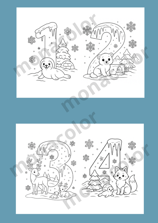Omalovánky ke stažení v PDF pro děti, zimní téma, zimní tvoření, čísla k vybarvení