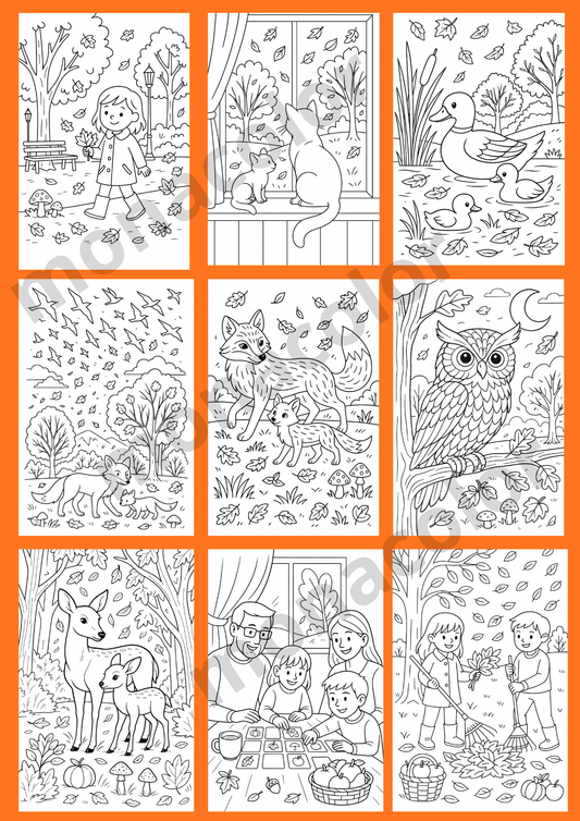 Omalovánky pro děti 6-12et, podzimní téma, listy, dýně, houby, rodina, pečení