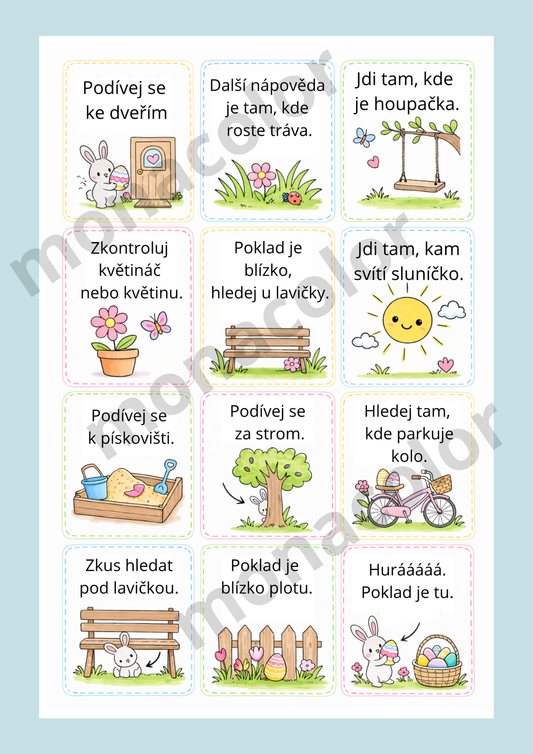 Velikonoční hra pro děti venku – hledání pokladu s kartičkami PDF