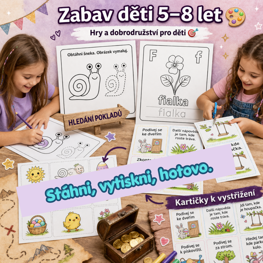 Dětské aktivity 5–8 let ke stažení – hledání pokladu, vystřihovací kartičky, omalovánky a zábavné pracovní listy.