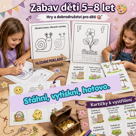 Dětské aktivity 5–8 let ke stažení – hledání pokladu, vystřihovací kartičky, omalovánky a zábavné pracovní listy.