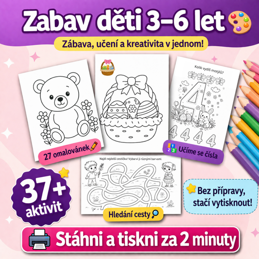 Zábavný balíček aktivit pro děti 3–6 let, který spojuje hraní i první učení 🎨