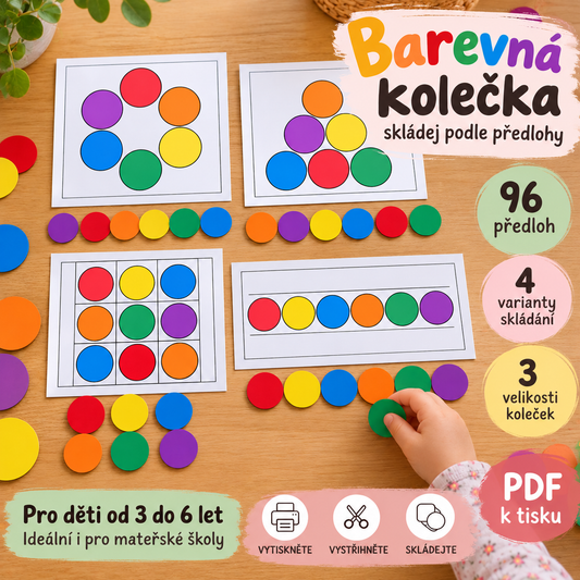 Barevná kolečka – didaktická hra pro děti od 3 do 6 let. Dětská ruka skládá barevná kolečka podle předlohy. PDF sada obsahuje 96 předloh ve 4 variantách.