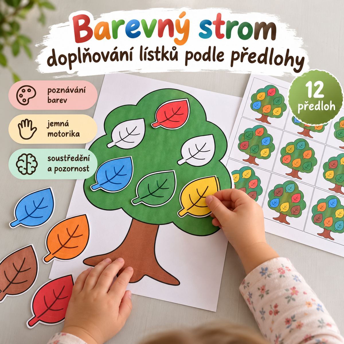 Barevný strom – didaktická aktivita pro děti od 3 let. Dítě přikládá barevné lístky na strom podle předlohy a procvičuje barvy, jemnou motoriku a soustředění.