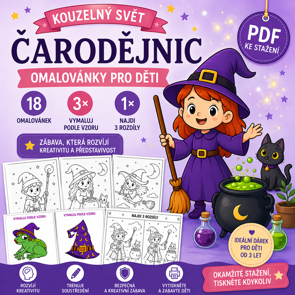 Čarodějnické omalovánky pro děti PDF | Aktivity 4–6 let