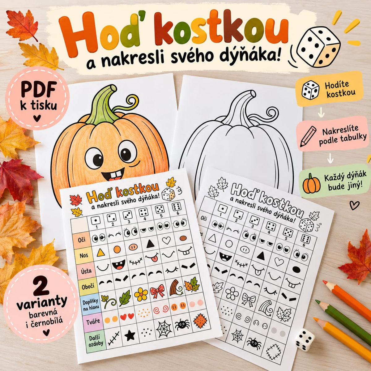Veselý nakreslený dýňák podle hodů kostkou – kreativní podzimní kreslení pro děti s PDF předlohou.