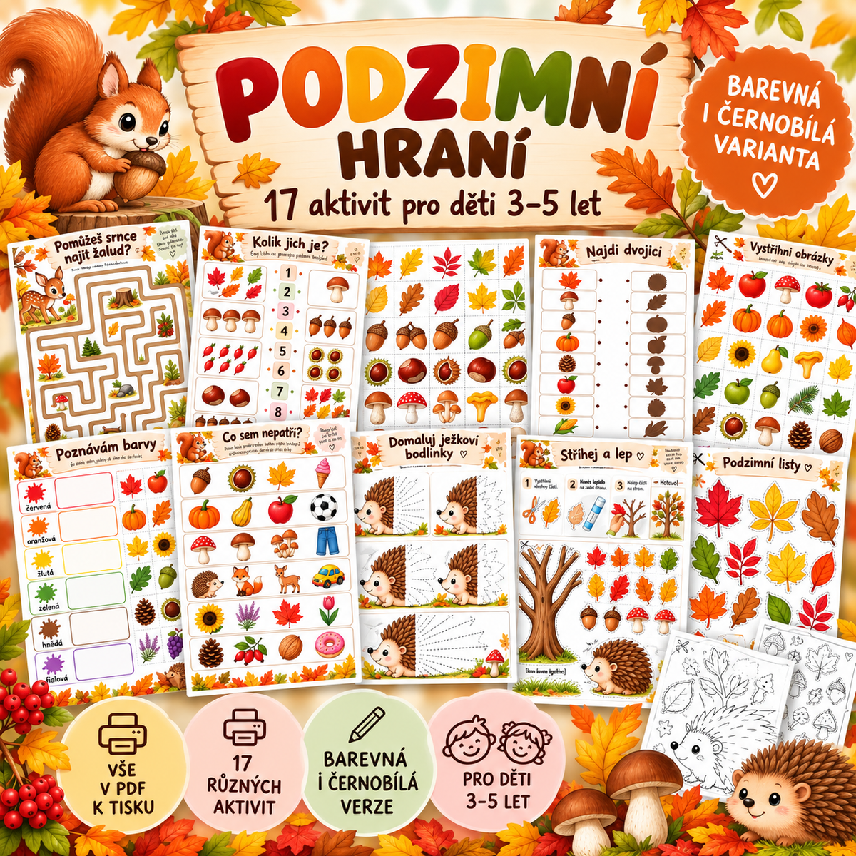 Podzimní aktivity pro děti 3–5 let – 17 pracovních listů PDF