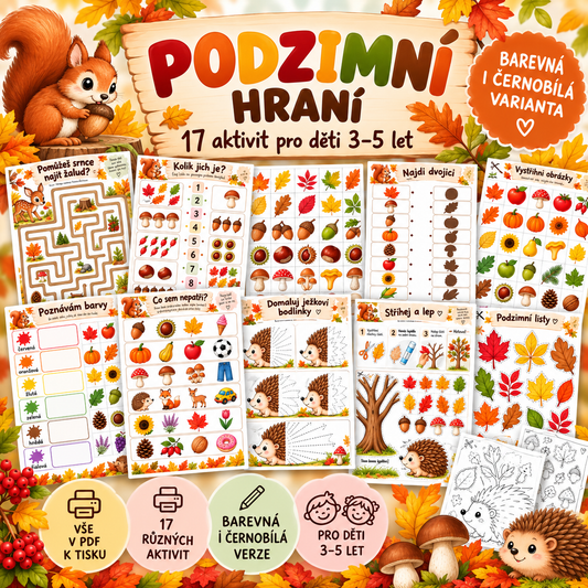 Podzimní aktivity pro děti 3–5 let – 17 pracovních listů PDF