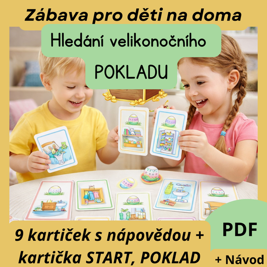 Velikonoční hledání pokladu pro děti doma – děti hrají hru s kartičkami a hledají poklad podle nápověd