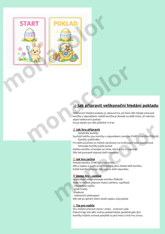 Velikonoční hra pro děti – kartičky na hledání pokladu s nápovědami do bytu, tisknutelný PDF produkt
