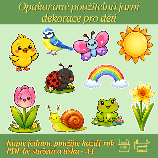Jarní výzdoba do oken, na nástěnku pro děti, barevné obrázky květin, zvířátek, slunce, duhy PDF ke stažení, vytisknutí, vystřižení a laminaci.