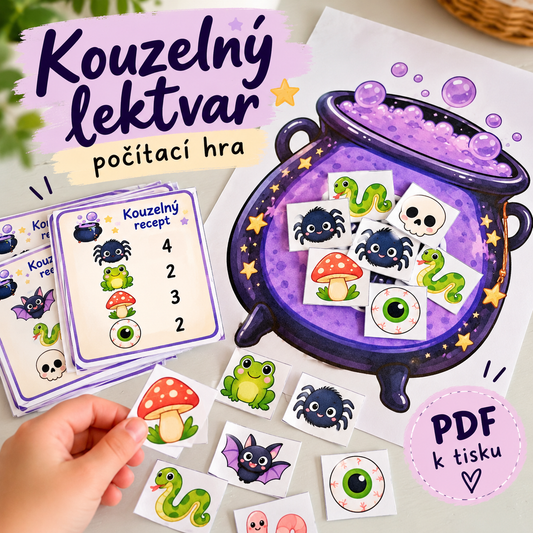Kouzelný lektvar – halloweenská počítací hra pro děti, fialový čarodějnický kotlík k vytištění na A4.