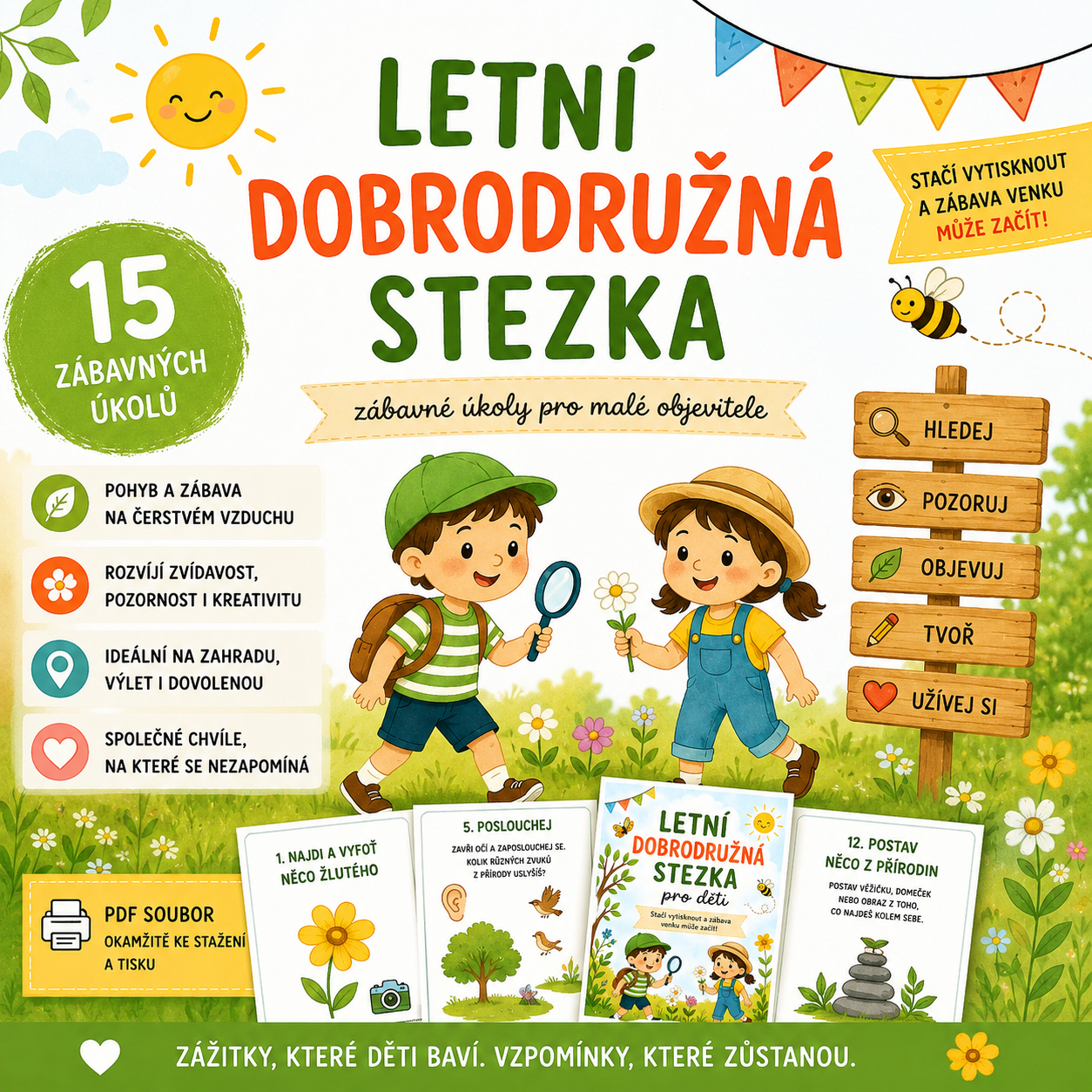 Letní dobrodružná stezka pro děti v PDF – 15 zábavných úkolů do přírody na zahradu, výlet i dovolenou. Stačí vytisknout a vyrazit ven.