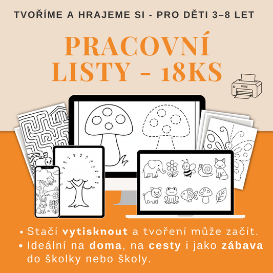 Pracovní listy pro děti ve věku 3-8let. Spojovačky, vybarvování, doplňování

