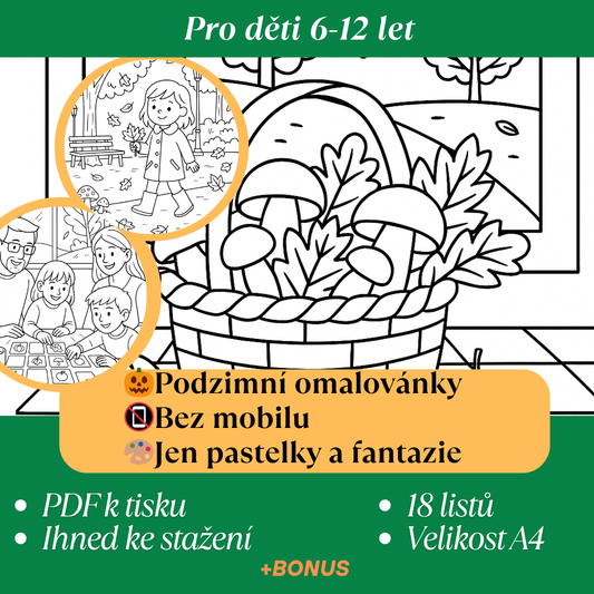 Omalovánky pro děti 6-12et, podzimní téma, listy, dýně, houby, rodina, pečení