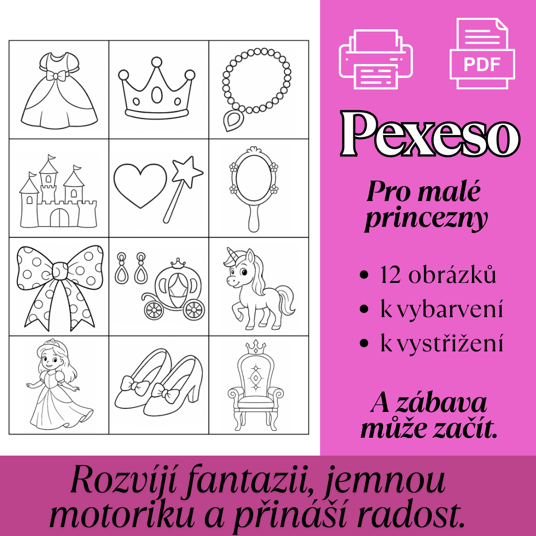 Pexeso pro dívky, fantazie, jemná motorika, soustředění, tvořivost, radost, malování, zábava s rodiči
