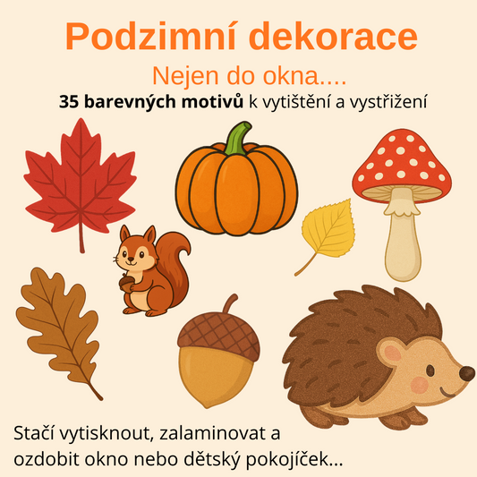 Podzimní dekorace pro děti k vytištění a vystřižení v PF, do okna, na nástěnku, do školky, do školy
