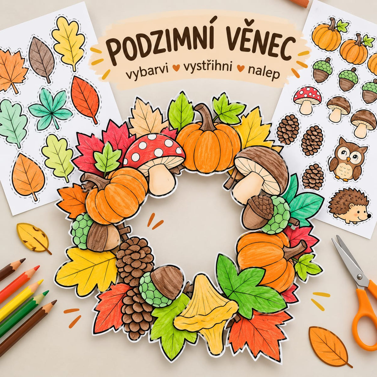 Podzimní tvoření pro děti – ručně vybarvený papírový věnec s přírodními podzimními motivy.