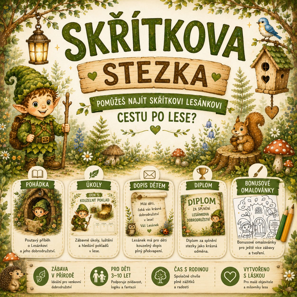 Skřítkova stezka pro děti – pohádkové dobrodružství v přírodě s Lesánkem. PDF obsahuje pohádku, úkoly do lesa, dopis od skřítka, diplom a bonusové omalovánky.