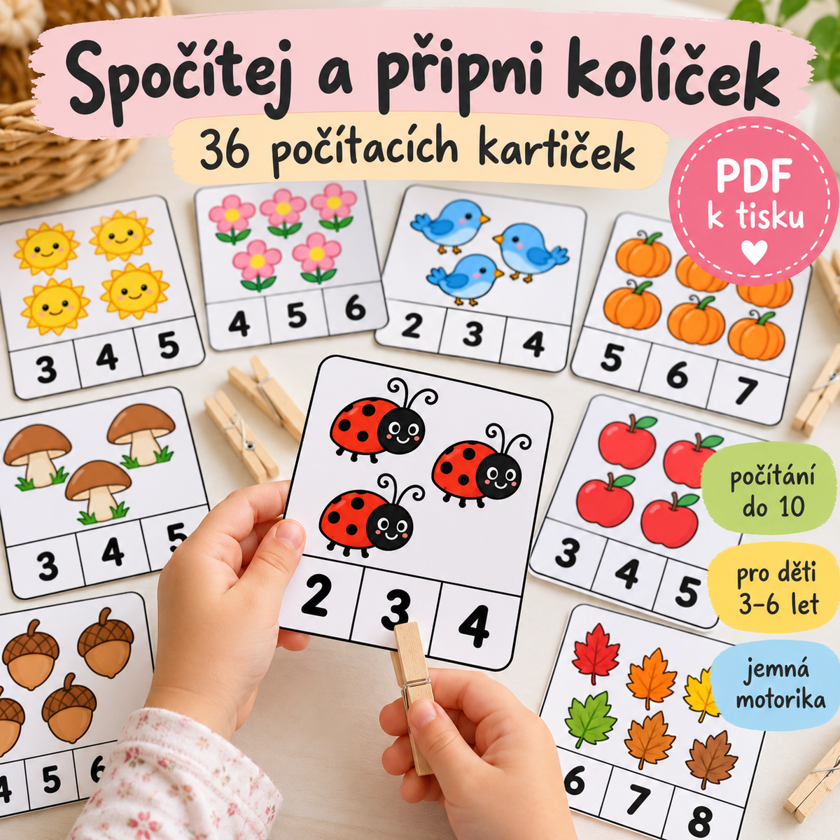 Spočítej a připni kolíček – počítací kartičky pro děti | PDF