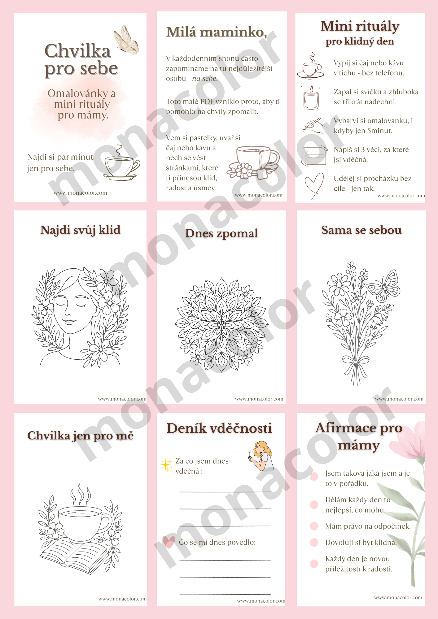 afirmace, chvilka pro sebe, rituály pro mámy, antistresové omalovánky, deník vděčnosti, pdf tisk a stažení