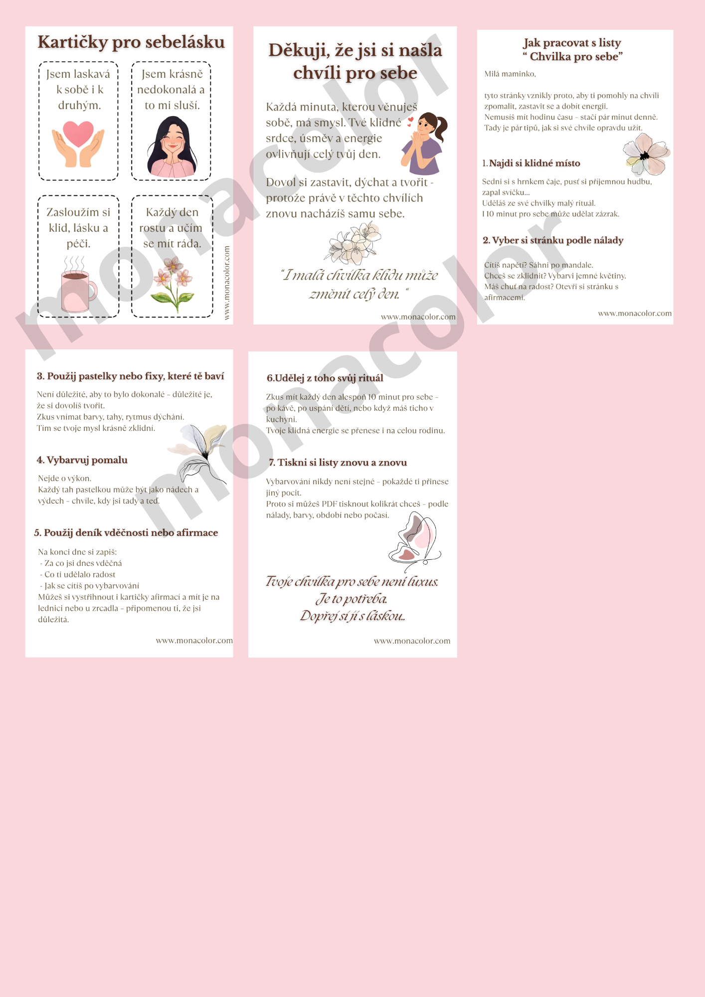 afirmace, chvilka pro sebe, rituály pro mámy, antistresové omalovánky, deník vděčnosti, pdf tisk a stažení