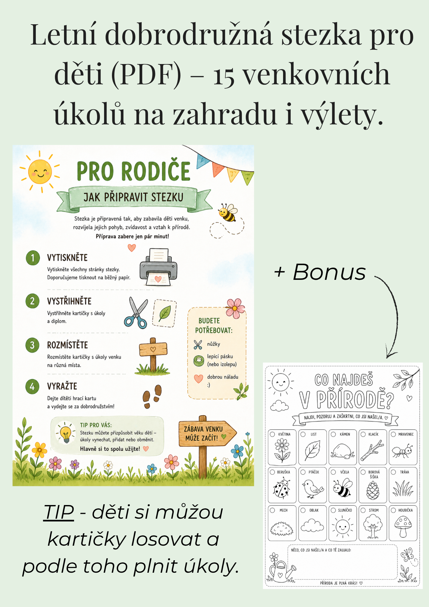 Tisknutelné letní aktivity pro děti 3–8 let. Dobrodružná stezka s úkoly podporuje pohyb, objevování přírody a zábavu bez mobilu.