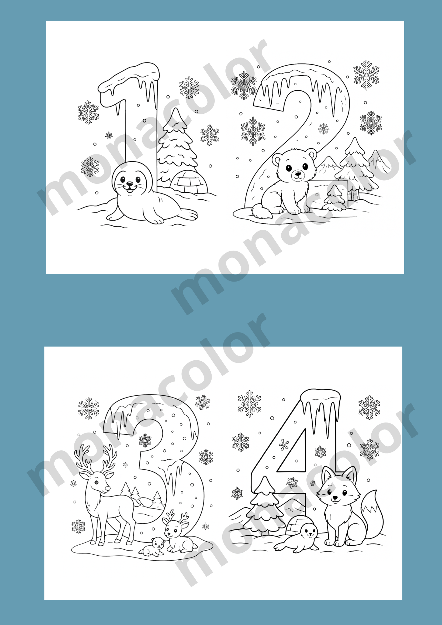 Omalovánky ke stažení v PDF pro děti, zimní téma, zimní tvoření, čísla k vybarvení