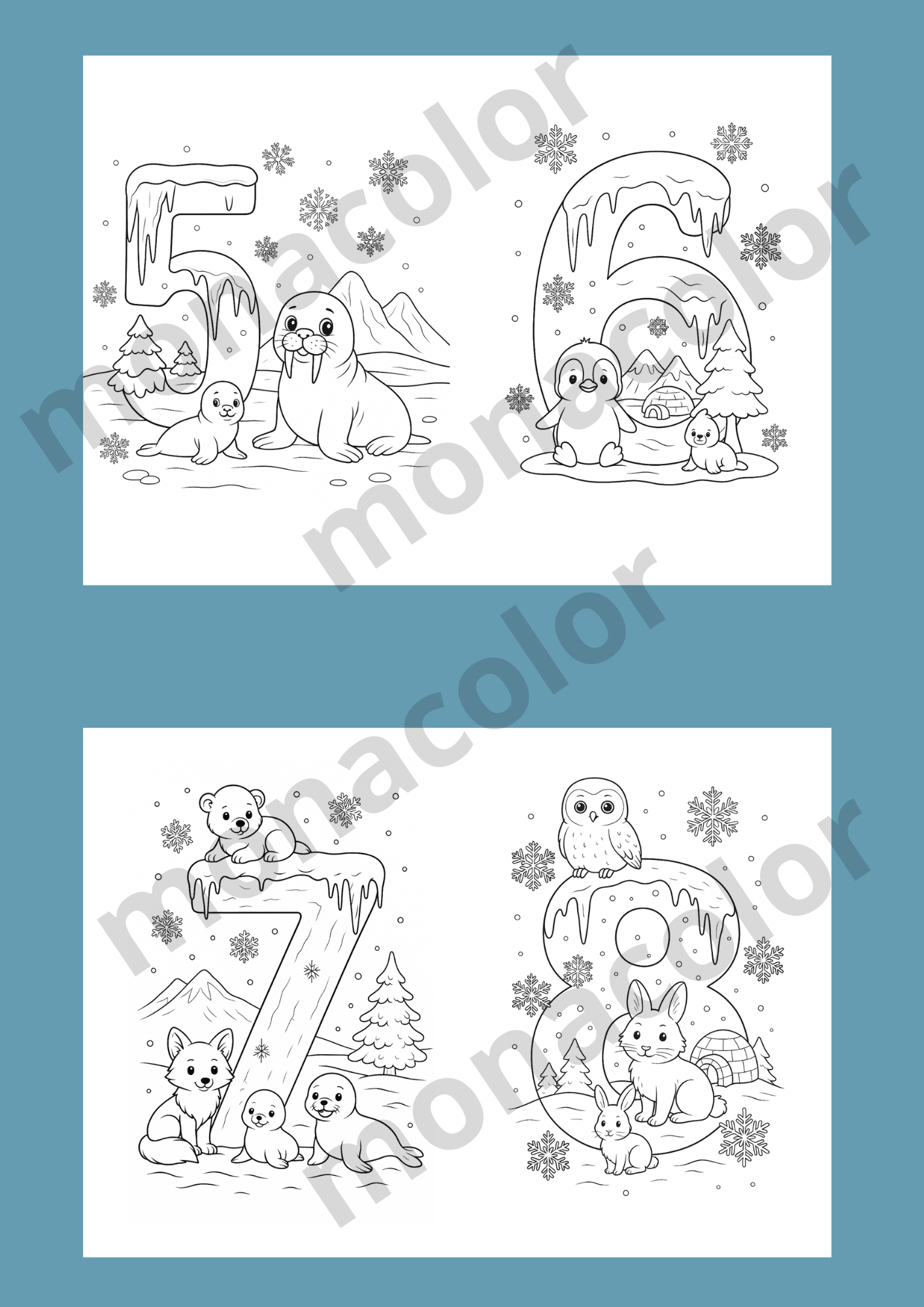Omalovánky ke stažení v PDF pro děti, zimní téma, zimní tvoření, čísla k vybarvení