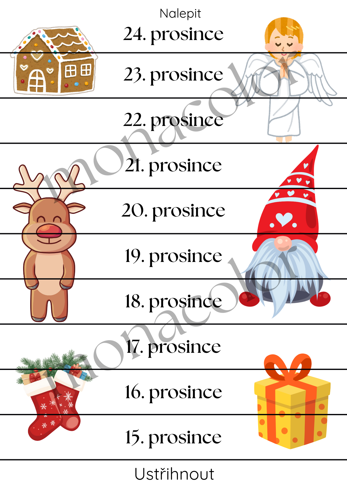 Vánoční kalendář pro děti, ke stříhání, čekání na Ježíška, Adventní kalednář