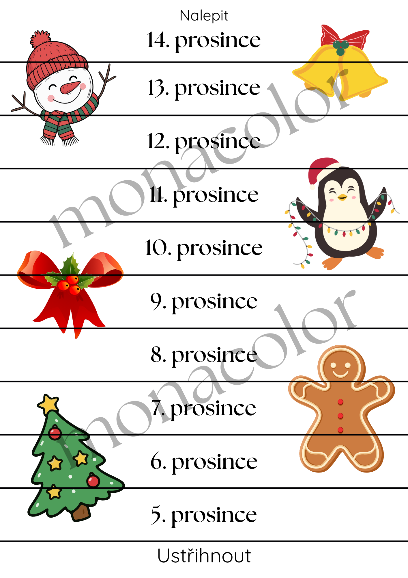 Vánoční kalendář pro děti, ke stříhání, čekání na Ježíška, Adventní kalednář