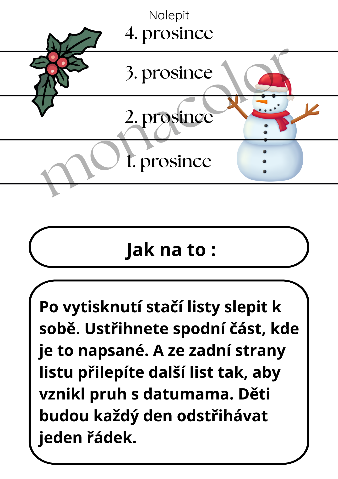 Vánoční kalendář pro děti, ke stříhání, čekání na Ježíška, Adventní kalednář