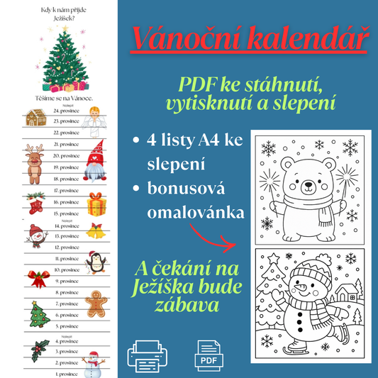 Vánoční kalendář pro děti, ke stříhání, čekání na Ježíška, Adventní kalednář