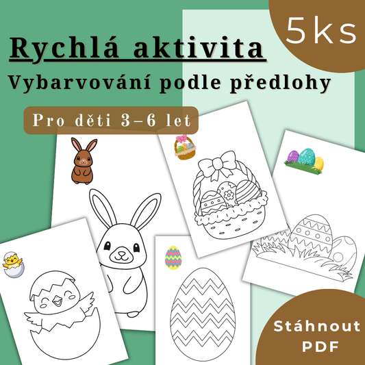 5 hravých omalovánek díky kterým dítě,trénuje soustředění,učí se vnímat barvy,rozvíjí jemnou motoriku,zvládne úkol samo děti 3–6 let, pdf k tisku