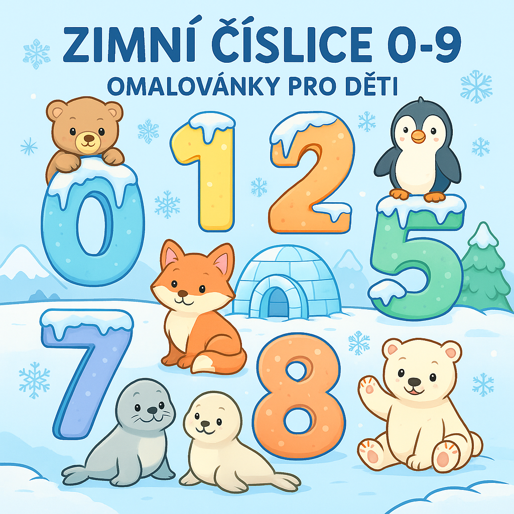 Omalovánky ke stažení v PDF pro děti, zimní téma, zimní tvoření, čísla k vybarvení