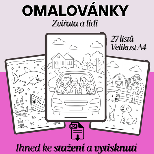 Omalovánky zvířat, dětí, rodiny, farmy, tvoření, vybarvování, zábava